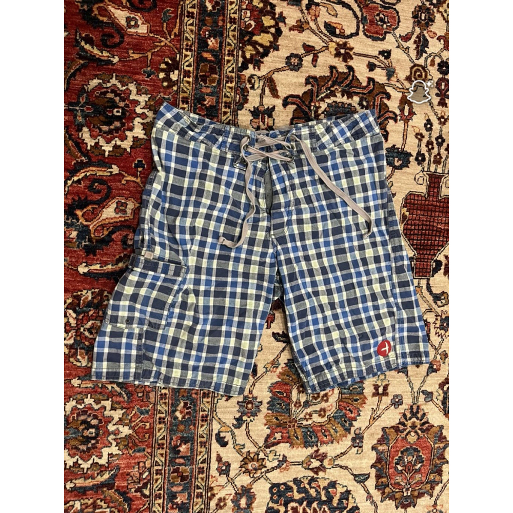 Men’s Relwen Blue and White Checkered Drawstring Velcro Paddle Shorts Size 32